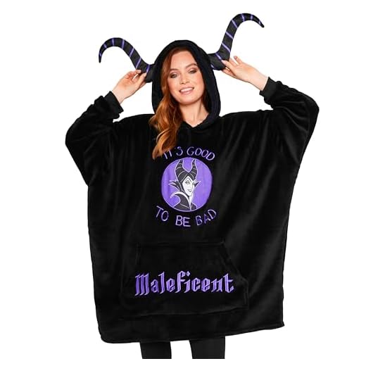 Disney Sudaderas Mujer, Stitch Batamanta de Forro Polar Mujer, Evil Queen Poncho Sudadera Manta Oversize con Capucha (Negro Maleficent)