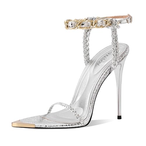 Women’s Black Stiletto Sandals with Gold Chain Ankle Strap — Open Toe Pointed Toe Heels for Wedding Party Evening Wear