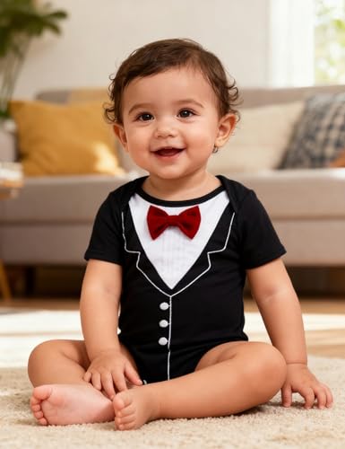A&J DESIGN Baby Boys' Tuxedo Bodysuit With Bowtie Gentleman One-Piece 3-24 Months3
