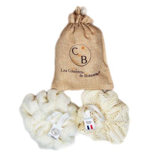 C de B Les cousettes de Bobinette - Lot de 2 fleurs de douche éponge de bain éponge pour le corps extra douce bambou et exfoliante coton bio durable (Exfoliante écru)
