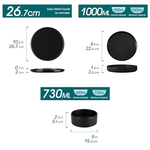 vancasso Venus Dinner Set for 4, Black Glaze Plates and Bowls Set, 12-Piece Stoneware Dinner Set with 4-Piece 10.5in Dinner Plate, 730ml Cereal Bowls and 1000ml Pasta Bowls, Modern Style - Image 2