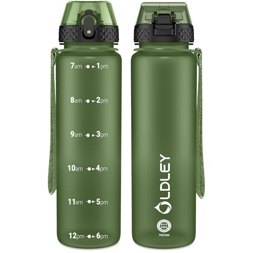 OLDLEY 1L/32oz Sports Water Bottle with Straw, 1000ml Motivational Drinks Bottle with Time Markings Leak Proof Drink & Lock Cover, BPA Free for Cycling Gym Running Travel