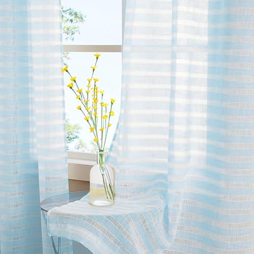 Image of Urban Space Aari Collection Weaved Sheer Curtains for Door 7 Ft Long, 40-50% Light Filtering Textured Curtains with Eyelets and Tieback, Set of 2 Decorative Curtains (Weaves SkyBlue, Door- 7 Ft)