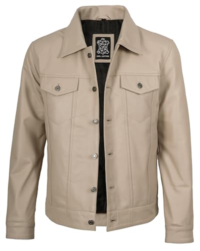 Image of fjackets Real Lambskin Vintage Trucker Leather Jacket Men - Shirt Collar Style Leather Jackets For Mens