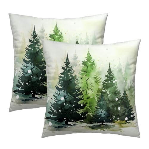Mweet Christmas Tree Throw Pillow Covers 16x16 Set of 2, Winter Green Xmas Trees Snow Woodland Decorative Pillow Cases Cotton Cushion Cover for Couch Sofa Farmhouse Home Decor
