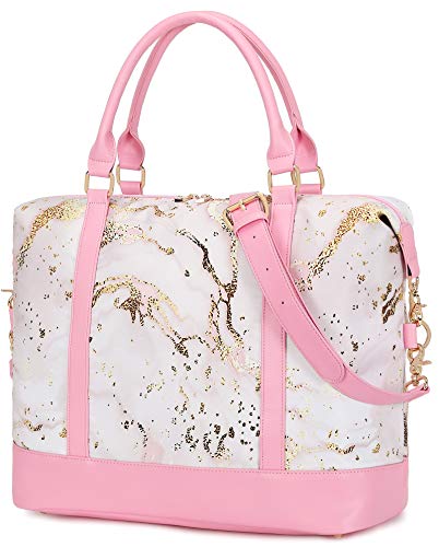 Women Ladies Weekender Carry-on Tote Bag Overnight Duffel in Trolley Handle (B-Pink Marble)