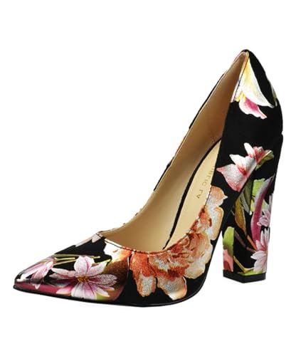 LA Dafne Black Floral Print Pointed Thick High Heel Fashion Pumps