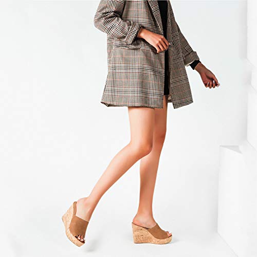 Lehoor Cork Wedge Mules For Women Platform Slide Sandals Peep Toe, High Wedge 4.5Inch Slippers Microfiber Suede Tan 10 M Us #TOP3