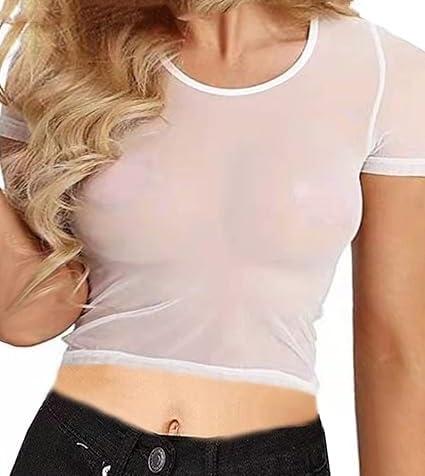 Women's Mesh Sheer See Through Casual T-Shirt Crop Top Tee Blouse.-picture-19