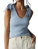 SAFRISIOR Women's Bow Tie Tank Tops V Neck Shoulder Strap Sleeveless Shirts Slim Fit Summer Going Out Knit Camisoles Blue, Medium