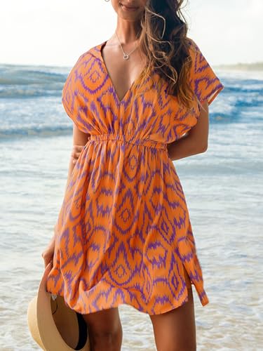 Image of CUPSHE Women's Swimsuit Coverup Casual V Neck Beach Dress Short Sleeve Elastic Waist Swimwear Cover Ups 2026 Beachwear