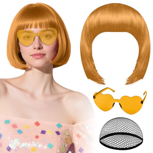 PLULON Orange-Brown Bob Wig with Heart Sunglasses Hair Cap Neon Colored Wig