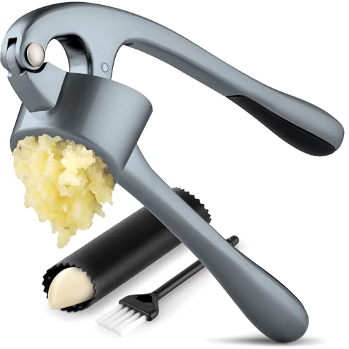 Image of Zulay Kitchen Large Premium Garlic Press Set - Bigger Bowl for Bigger Garlic - Rust Proof Garlic Mincer Tool - Easy-Squeeze, Easy-Clean Silicone Garlic Peeler & Brush (Slate)