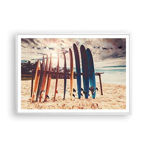 ARTTOR Affiche encadrée - Cadre blanc - Poster - Surf Plage Planche - 100x70 cm - Poster encadrée -Tableaux pour la mur - Motif moderne - Arts Murals Modernes - Affiches Murales - P2WAA100x70-4992