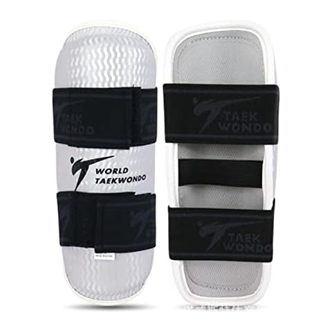 Wonzone Taekwondo Shin Protector Forearm Elbow Arm Guards, WT MMA Martial Arts Kickboxing Karate Sparring Muay Thi Training Match Gym School Academy for Men Women Kids (Medium, White Shin Guards) Cover