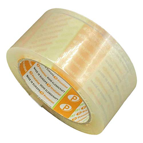 Printation pakkettape 66m lang 50mm breed transparant sterk - zeer klevend, scheurvast en geluidsarm verpakkingsband voor pakketten, pakjes, verzenddozen en voor veilig bundelen - stil