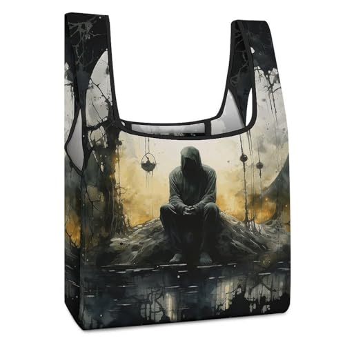 LMNGH Cartoon Fish Pattern Tote Bag Reusable Grocery Bag Handbag Shopping Bag Foldable Shoulder Bag Crossbody for Travel, Man Under Moon Shadow, One Size