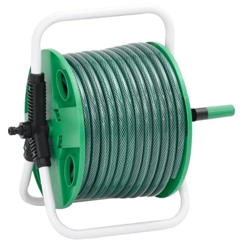 vidaXL Enrouleur de Tuyau Vert sur Pied avec Tuyau de 50 m PVC, Suspension de Tuyau de Jardin, Support de Tuyau d'arrosage, Support de Tuyau autoportant