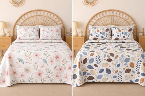 Image of HOMEKART 2 Bedsheet Combo Set with 4 Pillow Covers - Premium Cotton Glace Cotton Printed Double Bedsheets, 2 Elegant Colors, Soft Breathable Luxury Bedding Set - Pink Blossom Mist