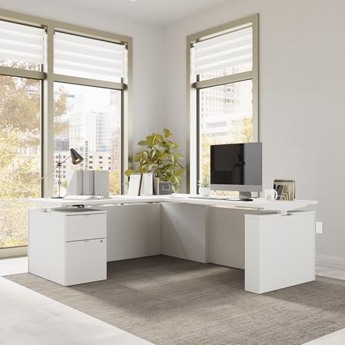 Image of Bush Business Furniture 72-inch Height Adjustable L Shaped Standing Desk with File Cabinet, Ergonomic Sit-Stand Computer Table for Office, Stratus Collection, White with White Base