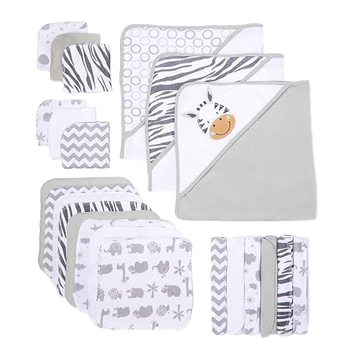Image of Spasilk 23-Piece Soft Terry Hooded Bath Towel and Washcloth Gift Set, 3 Baby Towels and 20 Baby Washcloths for Unisex Newborn Bath Essentials, Ideal, White Zebra