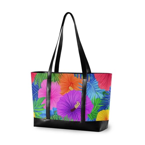 Hawaiian Style Tropical Flowers Palm Leaves Bright Neon Colors Large Capacity handbags for women with zipper totes for gym with bolsa para laptop mujer