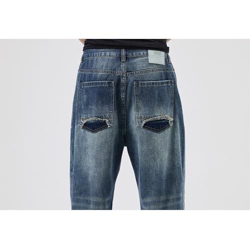 Mens Light Ripped Baggy Jeans Frayed Hem Destroyed Denim Pant Casual 90's Hip Hop Cowboy Trousers3