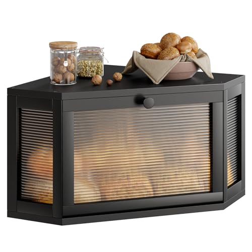 Image of WOWLIVE Corner Bread Box for Kitchen Countertop, Bamboo Bread Storage Container, Large Farmhouse Bread Holder with Acrylic Wavy Door Panel, Multi-functional Container, Black