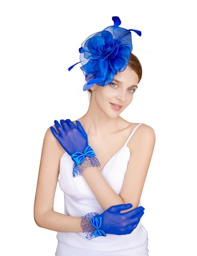 CAIYILA Fascinators Hat for Women Tea Party Headband Derby Wedding Flower Cocktail Mesh Feathers Hair Clip and Lace Gloves with Bows for Women (Blue)