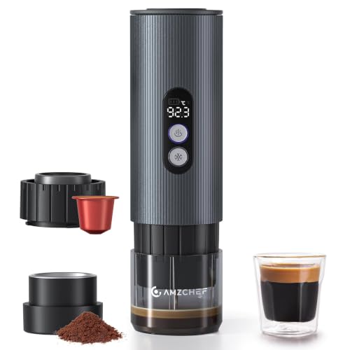 AMZCHEF Portable Coffee Maker 20Bar 2-IN-1 Self-Heating Portable Espresso Maker with LCD Display USB-C Rechargeable Compatible with NS Capsule & Ground Coffee for Camping Travel Office & Home Use