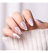 Cat Eye Press on Nails Short Almond Fake Nails White French Tip False Nails with Designs Curve Li...