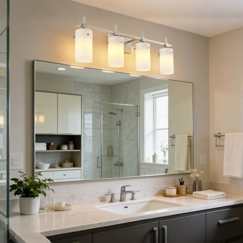Image of SOLFART 4 Light Bathroom Vanity Lights Over Mirror, Vintage Bathroom Lighting Brushed Nickel Wall Sconce with Milky White Glass Shade