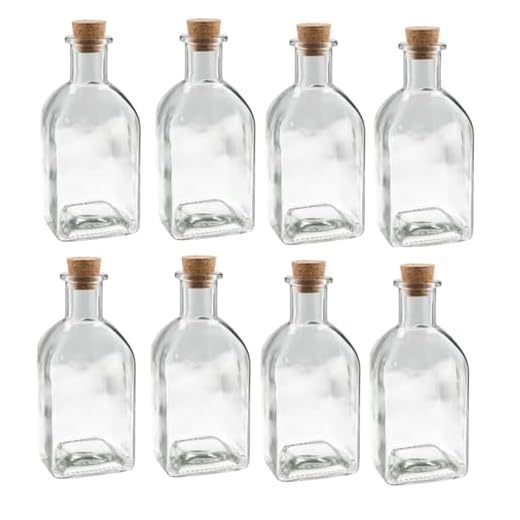 pcmoviles Pack de 8 Botellas de Cristal 250 ml con Tapón de Corcho – Frascas Resistentes para Conservación de Bebidas, Decoración y Servicio