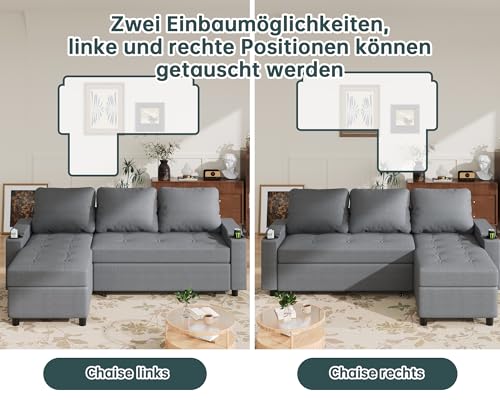 JUMMICO Schlafsofa mit Bettkasten L Form Sofa mit Schlaffunktion 3 Sitzer Couch klein Ecksofa Schlafcouch Ausziehbar Wohnlandschaft für Wohnung und Wohnzimmer Hellgrau