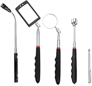 Wuudi 5PCS Inspection Mirror Set, Magnetic Pick-Up Tool Kit with Telescoping Handle 360 360 Rotatable Including 8 lb/ 1.5 lb Pick-Up Rod, Flashlight and Round/Square Inspection Mirror