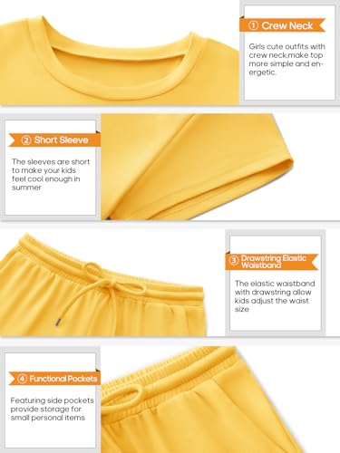 APWEQATA Girls Outfits Short Sleeve Shirts and Drawstring Pants With Pockets Spring Two Piece Lounge Sets Kids Clothes(Yellow,140)