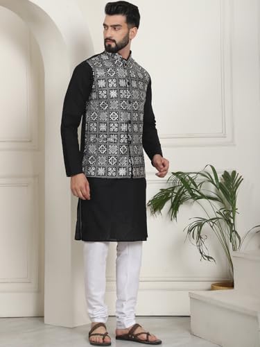 Image of SOJANYA (Since 1958 Men's Cotton Chikankari Kurta and White Pyjama with Embroidered Nehru Jacket