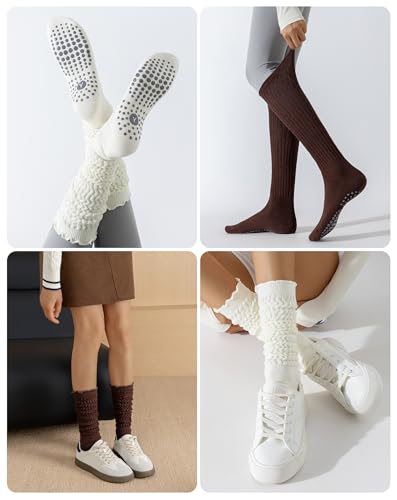Image of Yawlsow Pilates Socks with Grips for Women Yoga Ruffle Grippy Non Slip Long Slouchy Scrunch Socks for Barre Workout Hospital