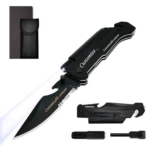Image of Mothers Day Fathers Day Gift - Personalized Custom Engraving Gifts for Him Her, 6-in-1 Multifunctional Folding Pocket Knives with LED Light, Seatbelt Cutter, Glass Breaker, Magnesium Fire Starter, Bottle Opener