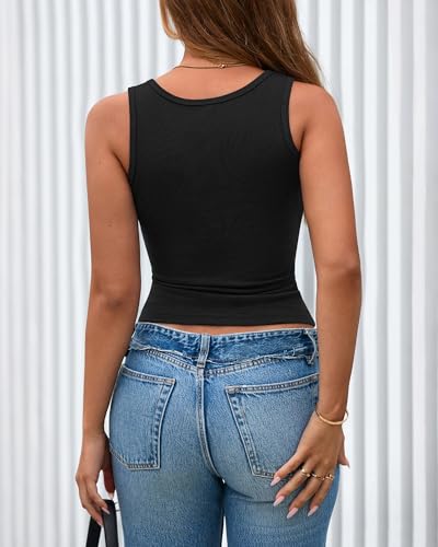 BTFBM Women's Summer Ribbed Tank Tops Crew Neck Button Down Slim Fit Basic Sleeveless Tunic Blouse Casual Henley Shirts3