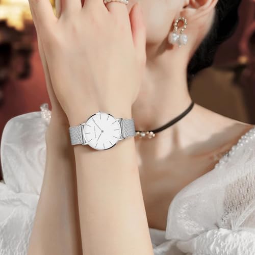 Image of HANNAH MARTIN Gold Watches for Women, 36mm Luxury Vintage Round Case, 220mm Stainless Steel Band, Analog Quartz Dress Watch 3ATM Water Resistant with Wristband Adjustment Tool