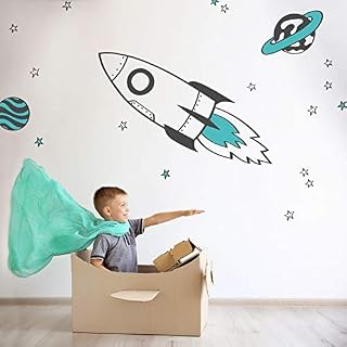 Rocket and Stars Wall Sticker Pack (Blue) | Space wall stickers | Perfect for a creating a space themed room | Easy to Apply, Cleanly Removable
