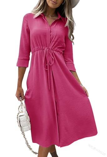 Image of Febriajuce Women's 3 /4 Sleeve Midi Dress Casual Drawstring Belted Round Neck Plain Tie Waist Loose High Waist Long Dress