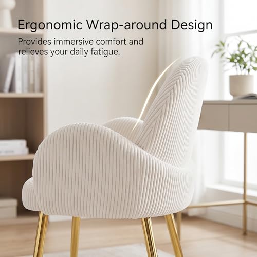Image of Eifizek Home Office Chair Set of 4, Modern Corduroy Upholstered Vanity Desk Chair with Gold Legs for Girls Women, Ergonomic Padded Backrest for Living Room, Beige
