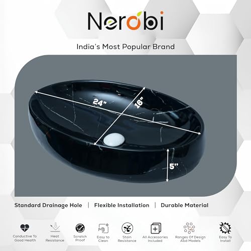 Image of Designer Counter Top Wash Basin | Tabletop Ceramic Bathroom Sink | Wash Basin Over Counter | Wash Basin For Bathroom, Living Room (24 x 15 x 6 Inch) (Black N White Stripe)