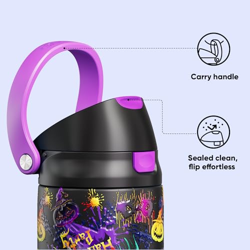 Image of Encool SwiftSip Insulated Stainless Steel Water Bottle with Straw - Leak Proof Sports Water Bottle for School, Travel, Keeps Cold All Day, One-Touch Flip Lid, BPA-Free, 24 oz, Ghost Party