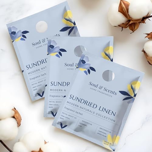 Image of Soul & Scents Sundried Linen Fragrance Sachet | A Comforting Aroma of Pure Cotton | Long-Lasting Air Freshener for Car, Wardrobe, Kitchen, and Travel Bag | Pack of 3-20gm Each