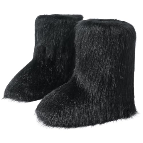 Women's Faux Fur Boots Size 9 - Mid-Calf Winter Snow Boots with Fluffy Lining, Y2K Fashion Warm Shoes for Women