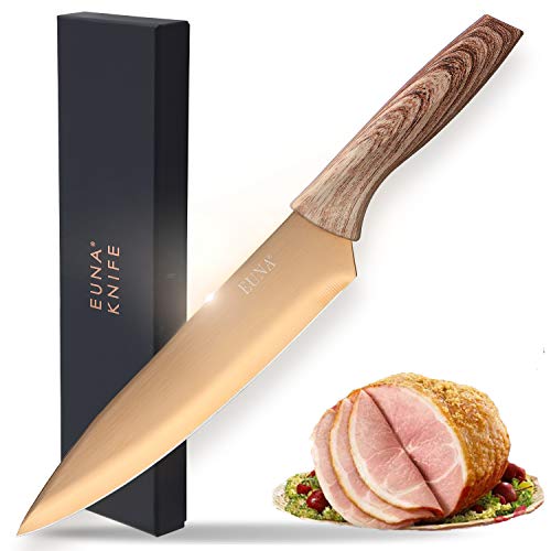 EUNA 8 Inch Chefs Knife Ultra Sharp Kitchen knife for Culinary Cooking Cutting Knife with Sheath and Gift Box Wooden Texture Ergonomic Handle Rose Red