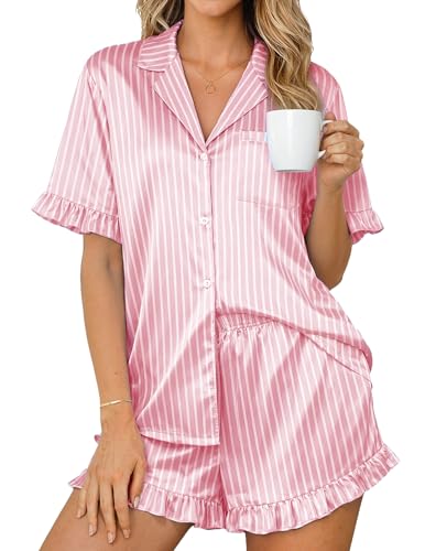 Image of Ekouaer Womens Satin Pajamas Set 2 Piece Button Down Silk Pjs Ruffle Short Sleeve Shorts Set Notch Collar Sleepwear